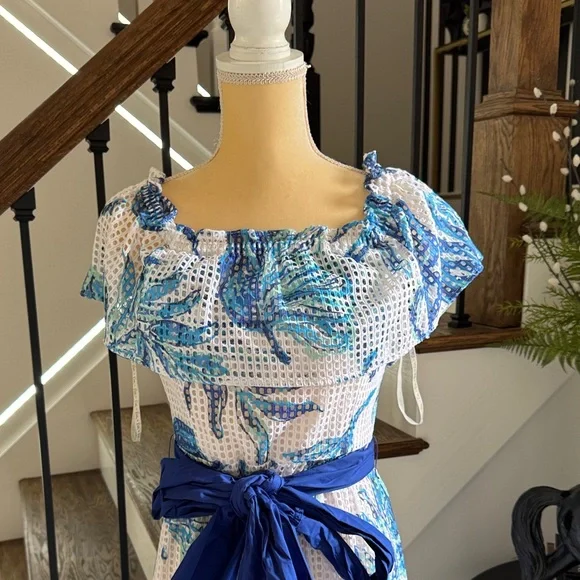 Lilly Pulitzer Blue and White Off-Shoulder Dress - Picture 3 of 6